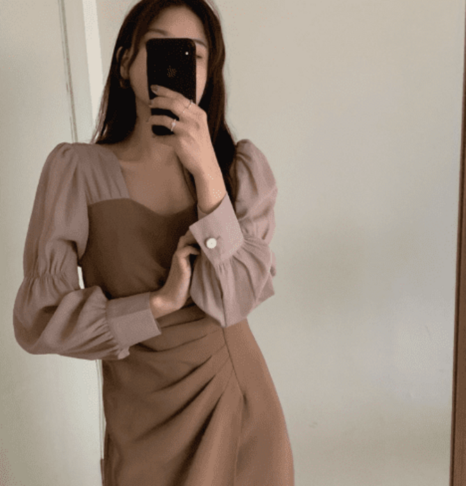 骨格ウェーブ服切り替えスリーブロングワンピース