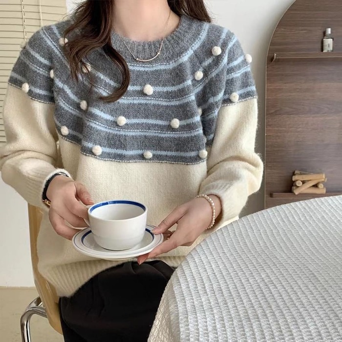 骨格ウェーブ服ミックスカラーデザインニットトップス