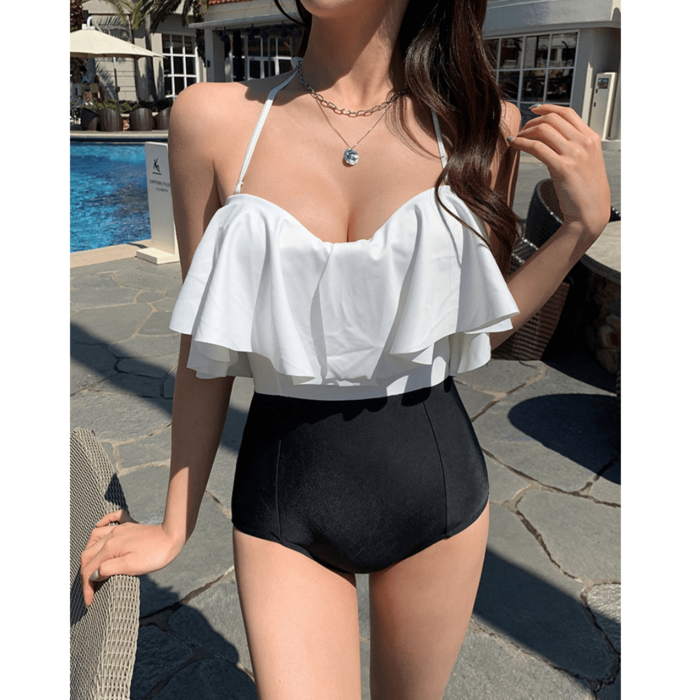 骨格ウェーブ服フロントフリル水着
