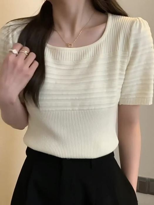 骨格ウェーブ服ラウンドネックパフスリーブTシャツトップス