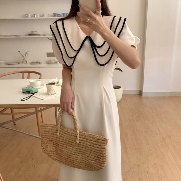骨格ウェーブ服バイカラーネックロングワンピース