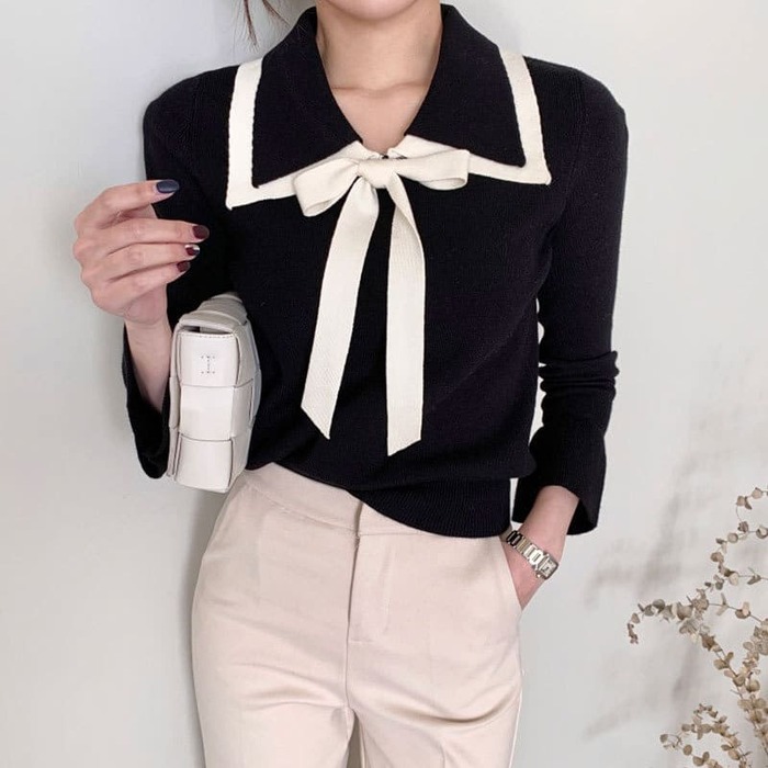 骨格ウェーブ服配色ボウタイニットトップス