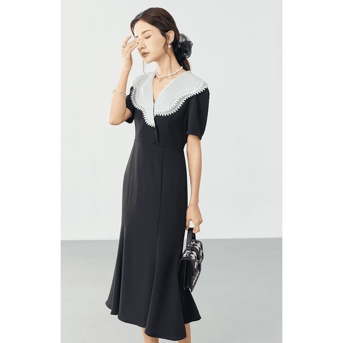 骨格ウェーブ服ビックカラータイトワンピース