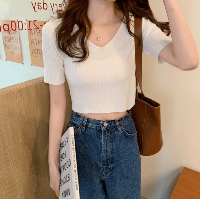 骨格ウェーブ服ベーシックVネック半袖ニットトップス