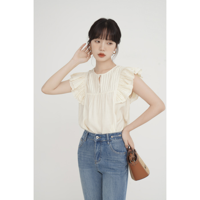 骨格ウェーブ服ノースリーブフリルトップス