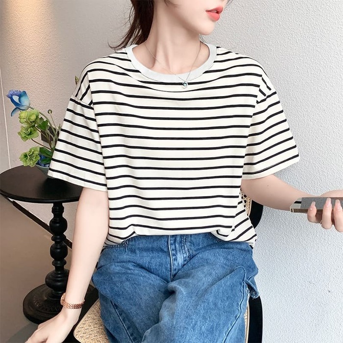 骨格ウェーブ服ボーダーTシャツトップス