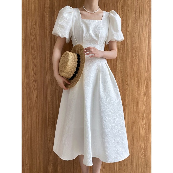 骨格ウェーブ服パフスリーブロングワンピース
