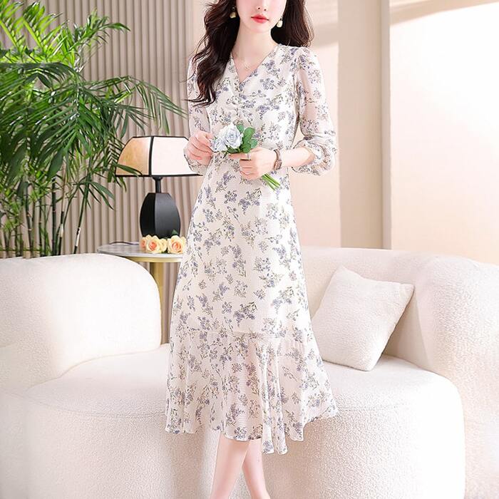 骨格ウェーブ花柄シフォン長袖ロングワンピース