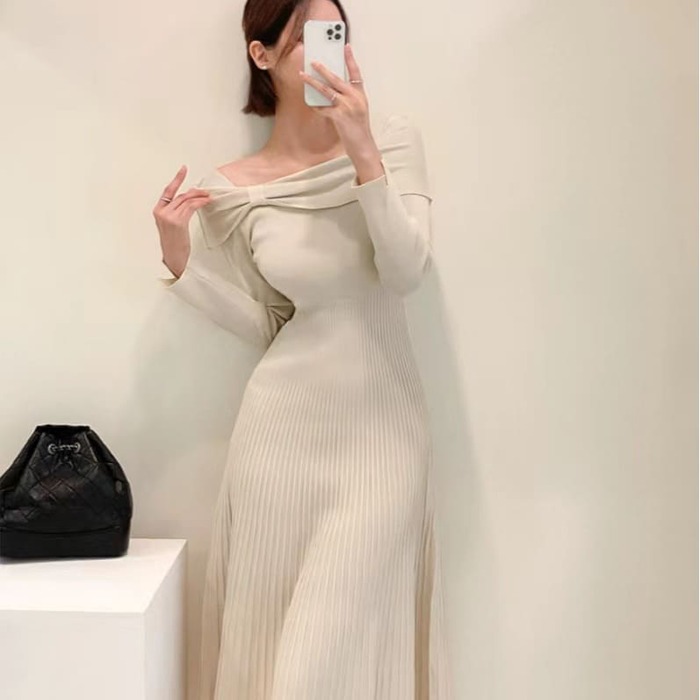 骨格ウェーブ服オフショルニットロングワンピース