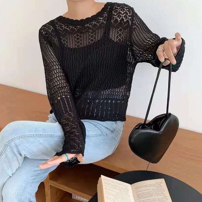 骨格ウェーブ服透け編みニットトップス