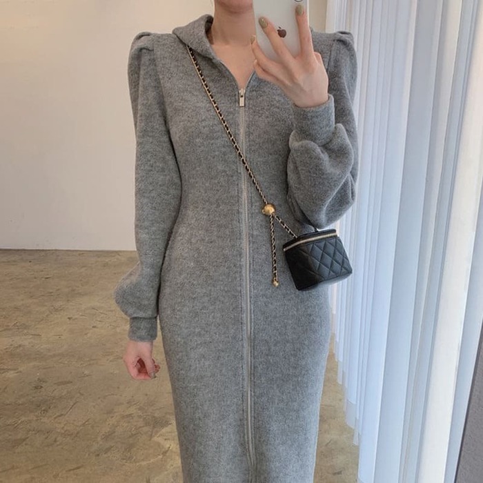 骨格ウェーブ服フード付きニットロングワンピース