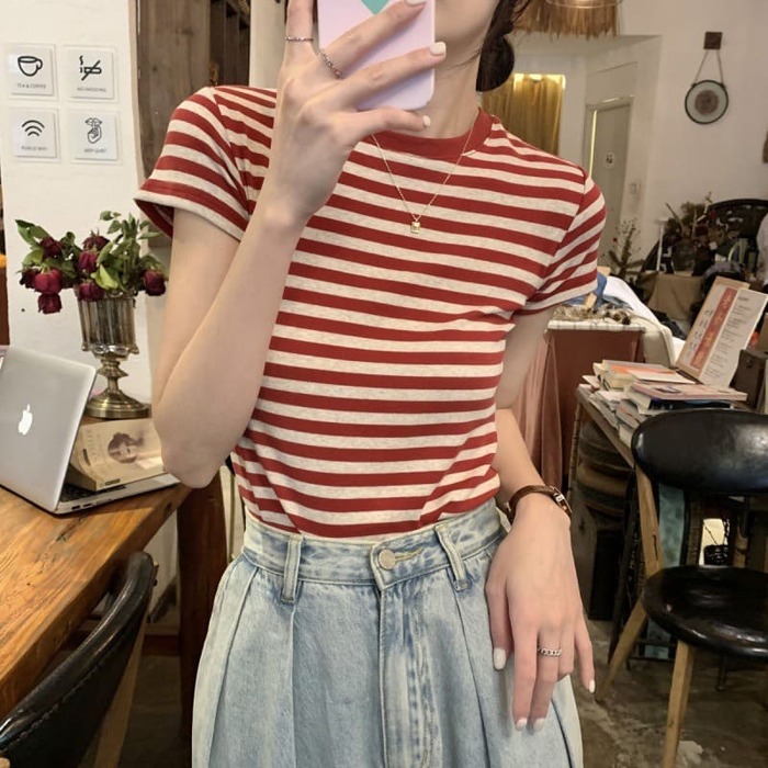 骨格ウェーブ服半袖ボーダーTシャツトップス