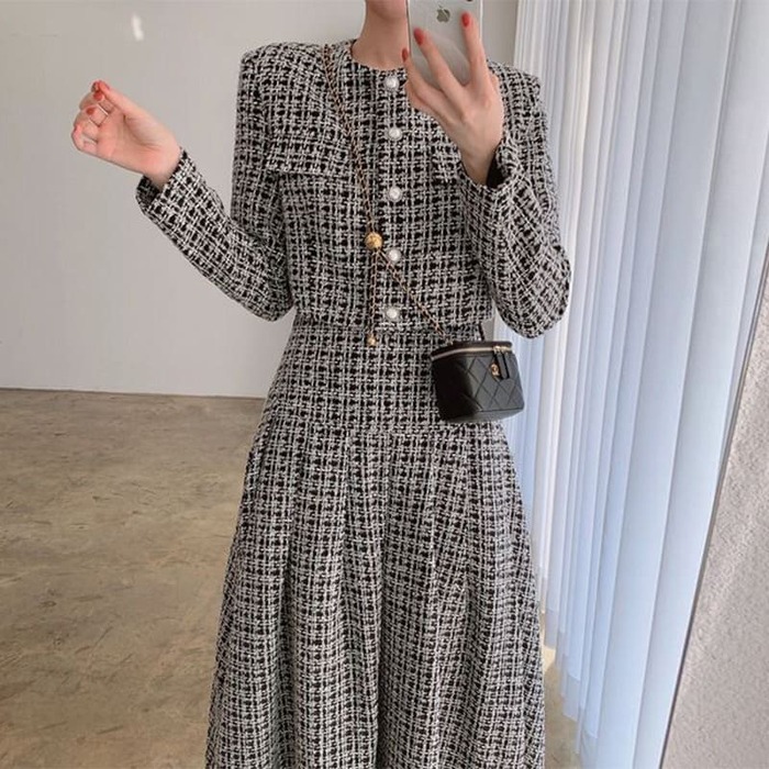 骨格ウェーブ服ツイードロングスカートセットアップ