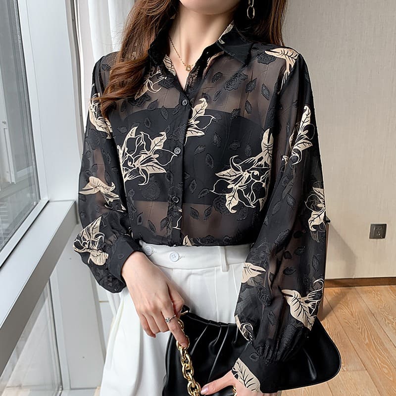 骨格ウェーブ服花柄シアートップス