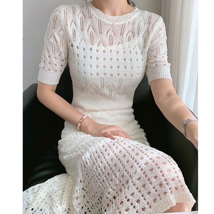 骨格ウェーブ服 夏クロシェロングワンピース