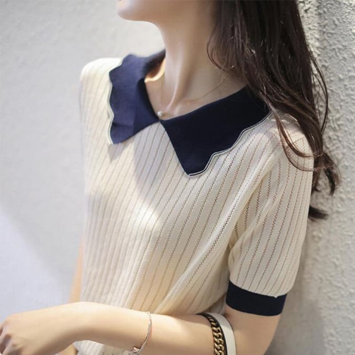 骨格ウェーブ服バイカラーネックTシャツトップス