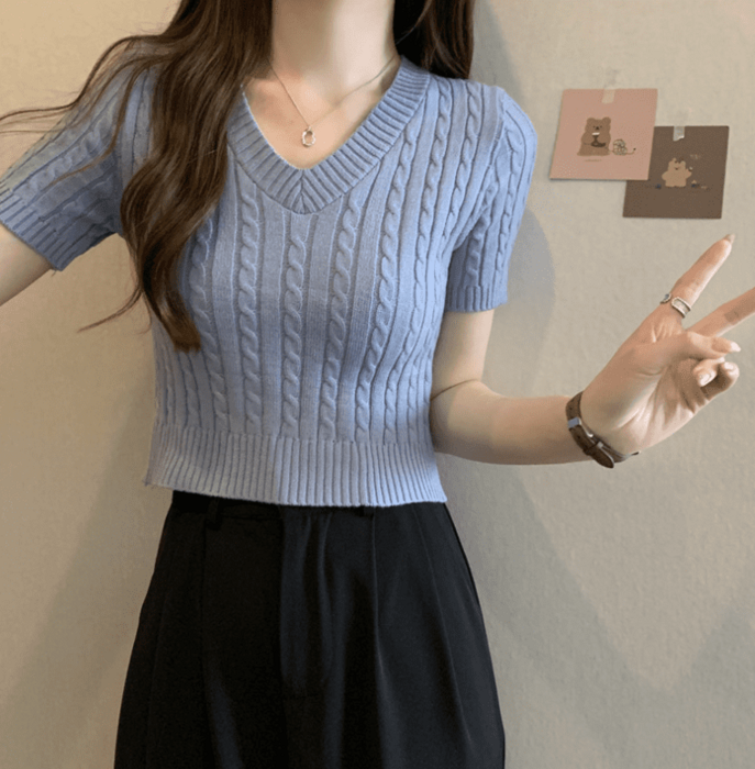 骨格ウェーブ服ケーブル半袖ニットトップス