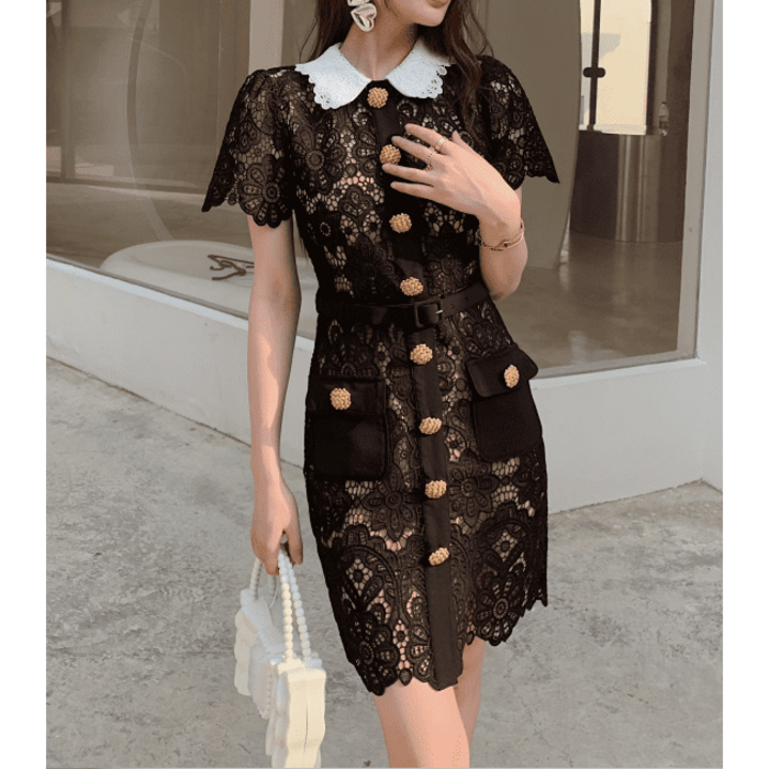 骨格ウェーブ服レースショートドレス