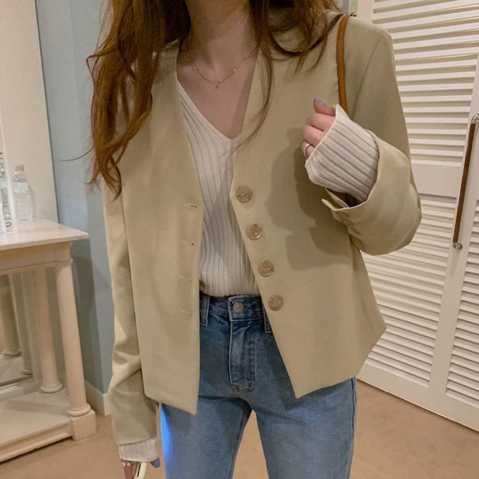 骨格ウェーブ服ショート丈Vネックジャケット