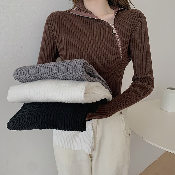 骨格ウェーブ服ハーフジップニットトップス