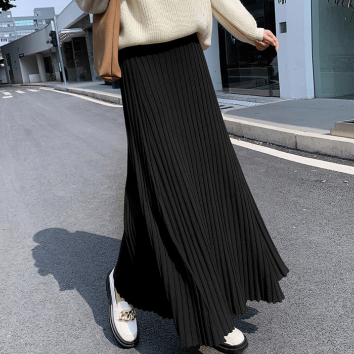 骨格ウェーブプリーツAラインニットロングスカート