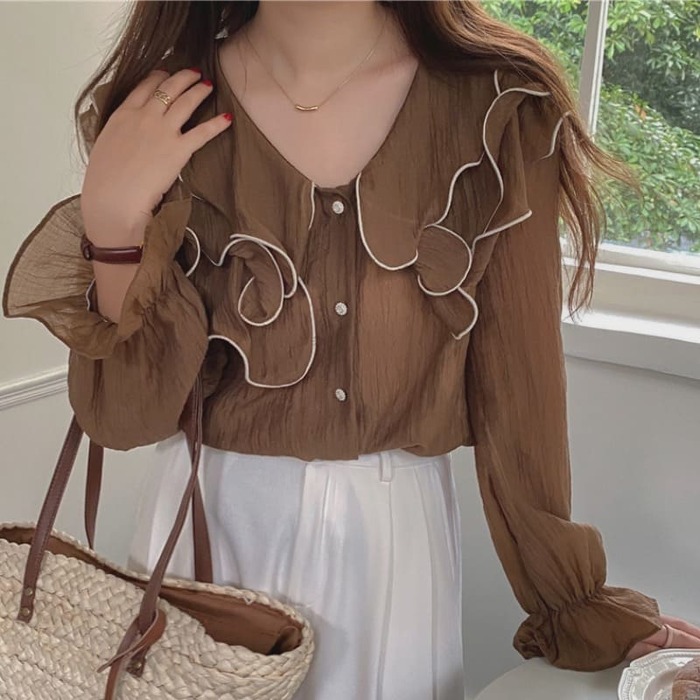 骨格ウェーブ服ラッフルネックブラウストップス