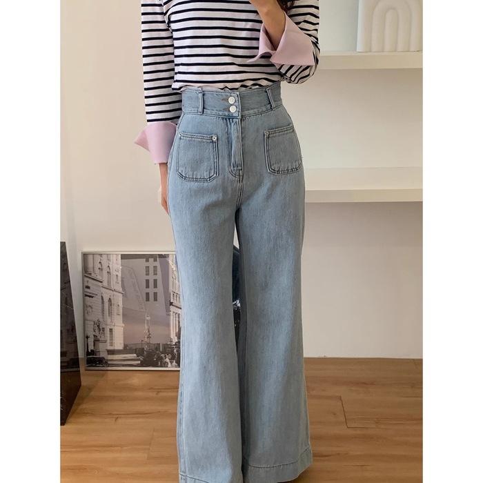 骨格ウェーブハイウエストダブルボタンワイドレッグデニムパンツ
