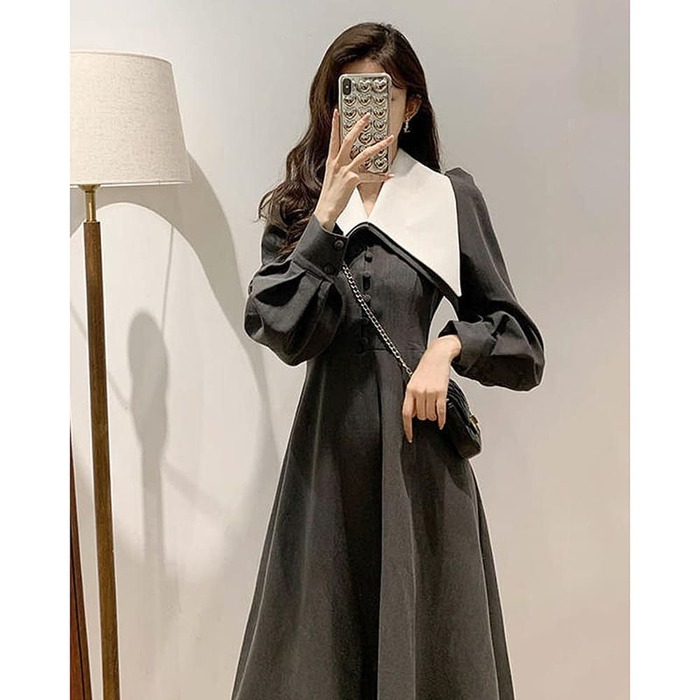 骨格ウェーブ服ビックカラーフレアワンピース