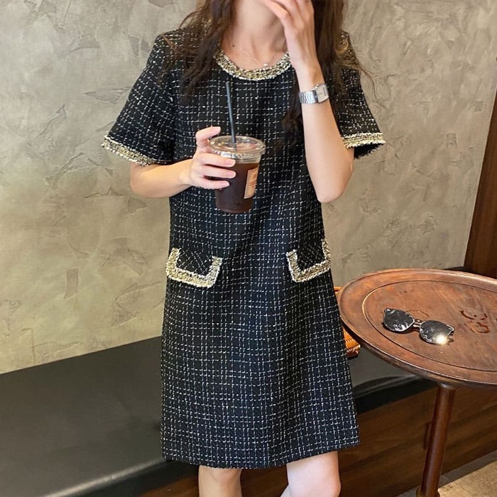 骨格ウェーブ服ツイード風ミニ丈ワンピース