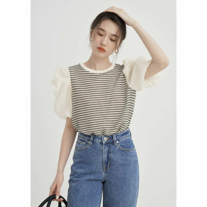 骨格ウェーブ服ボーダーパフスリーブブラウストップス