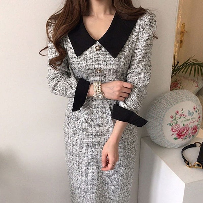 骨格ウェーブ服パフスリーブバックリボンワンピース