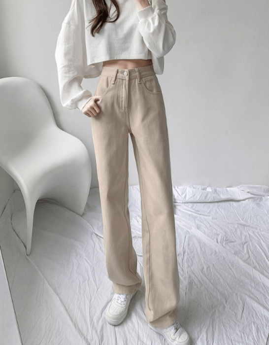 骨格ウェーブ服ハイウエストストレートデニムパンツ