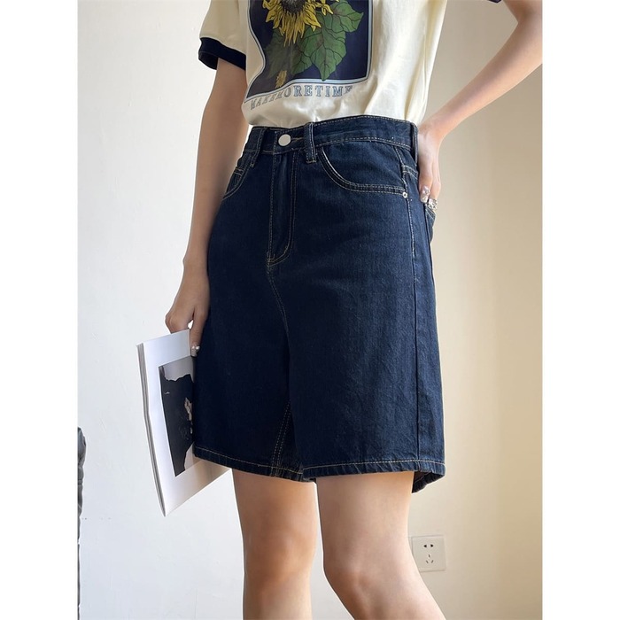 骨格ウェーブハイウエストデニムハーフパンツ
