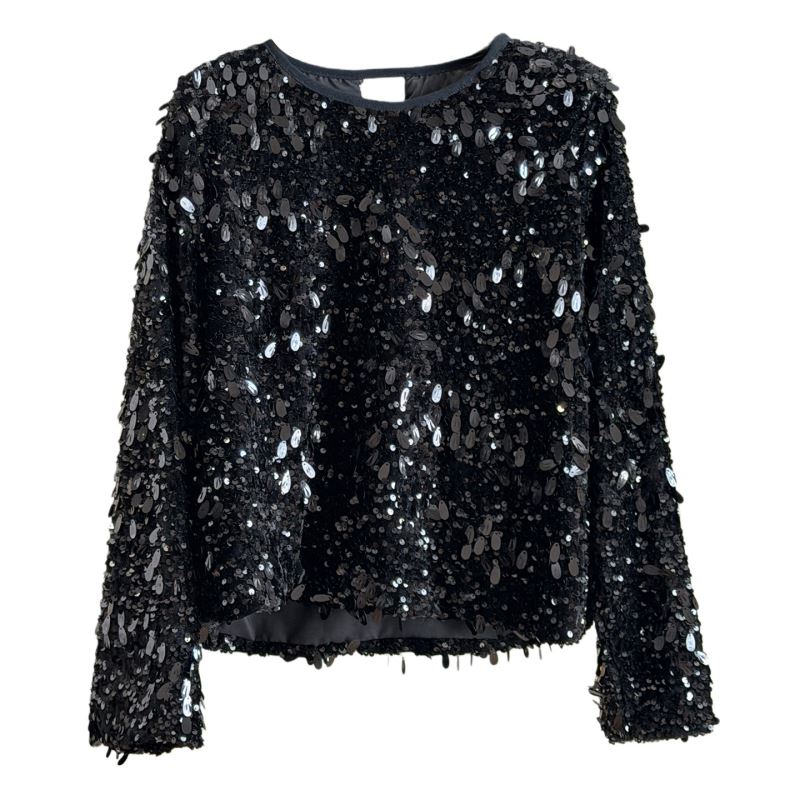 白コーデ きらきらスパンコール長袖トップス韓国風レディース