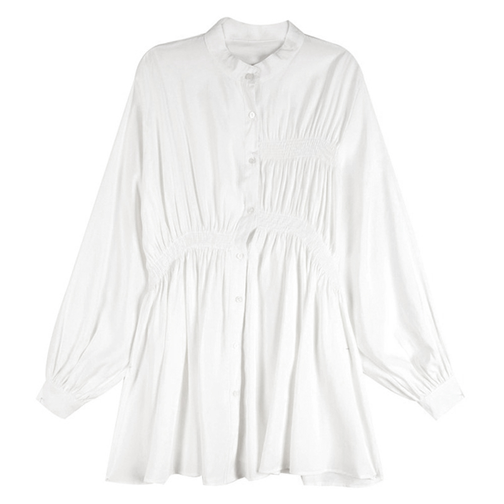 白コーデ 韓国風シャツワンピース 長袖ギャザーワンピ