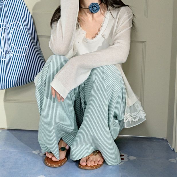 白コーデ レース裾飾りニットブラウスセット