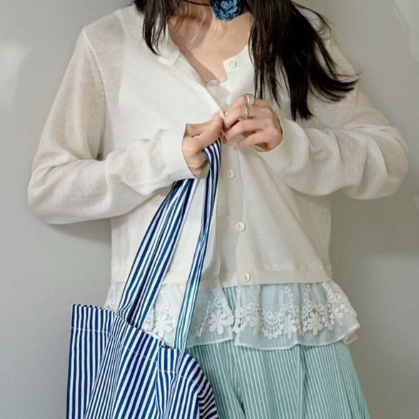 白コーデ レース裾飾りニットブラウスセット