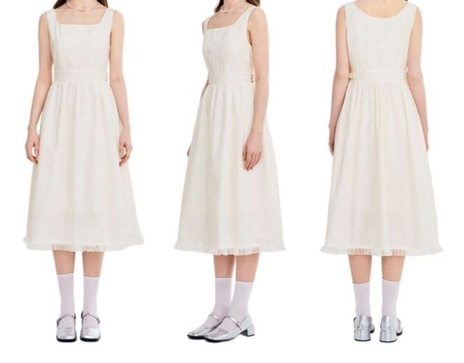 白コーデ 優美なプリーツ スクエアネック ミディ丈ワンピース