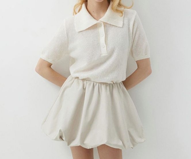 白コーデ クロップド丈ニットポロシャツ