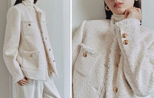 白コーデ 上質ツイードノーカラージャケット