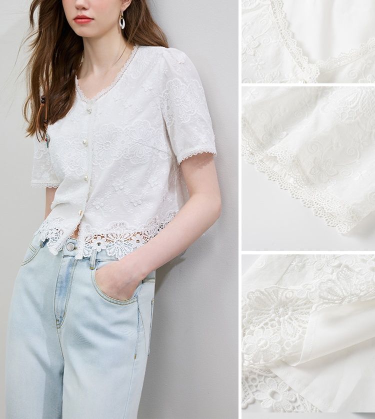 白コーデ 花刺繍レース裾フリルブラウス