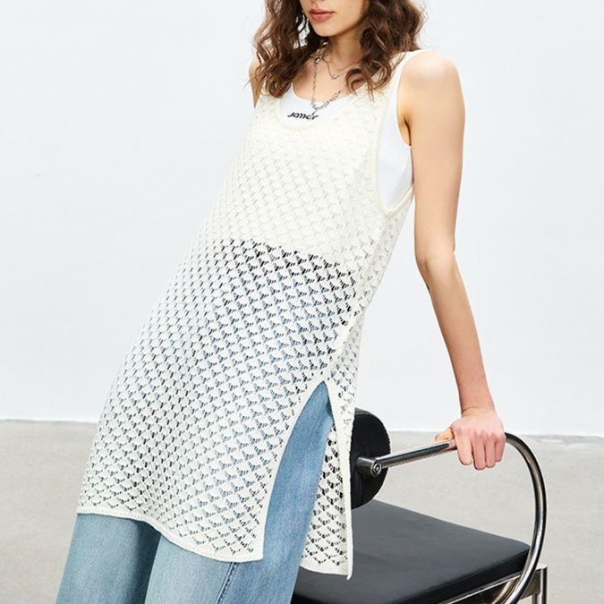 白コーデ かぎ針編みキャミソールチュニック