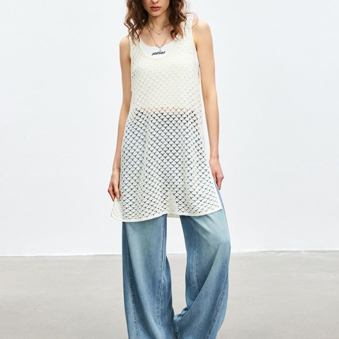 白コーデ かぎ針編みキャミソールチュニック