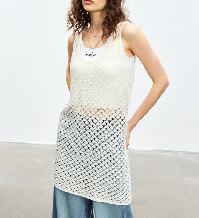 白コーデ かぎ針編みキャミソールチュニック