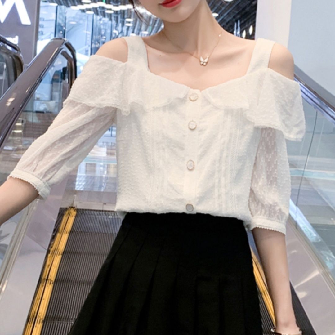 白コーデ 白コーデ 肩開きフリルレースブラウス