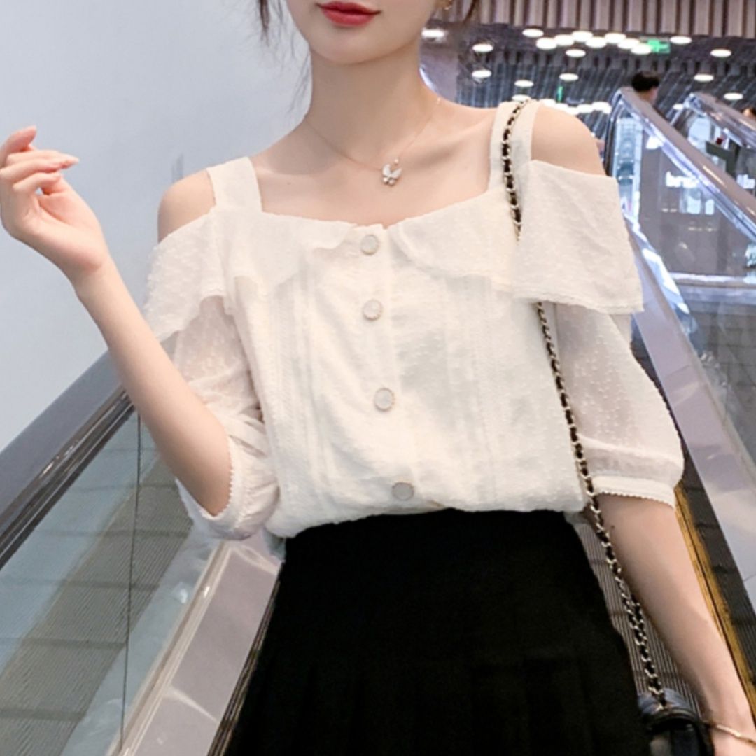 白コーデ 白コーデ 肩開きフリルレースブラウス