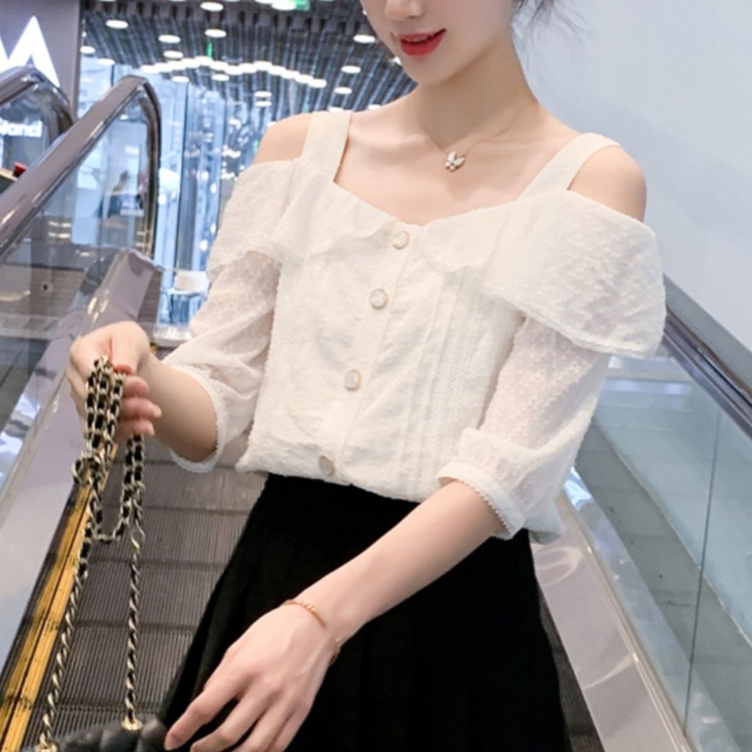 白コーデ 白コーデ 肩開きフリルレースブラウス