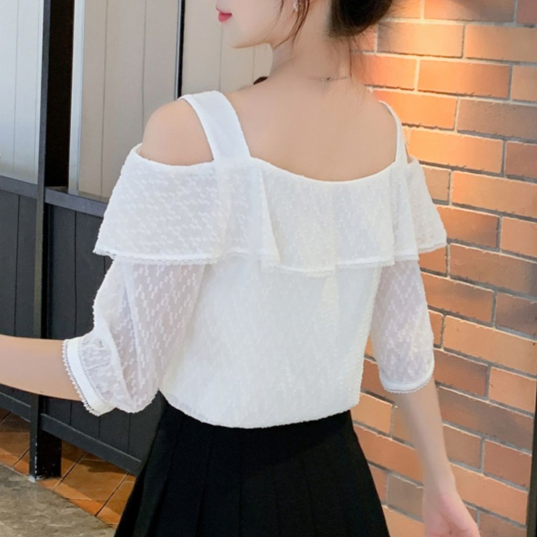 白コーデ 白コーデ 肩開きフリルレースブラウス