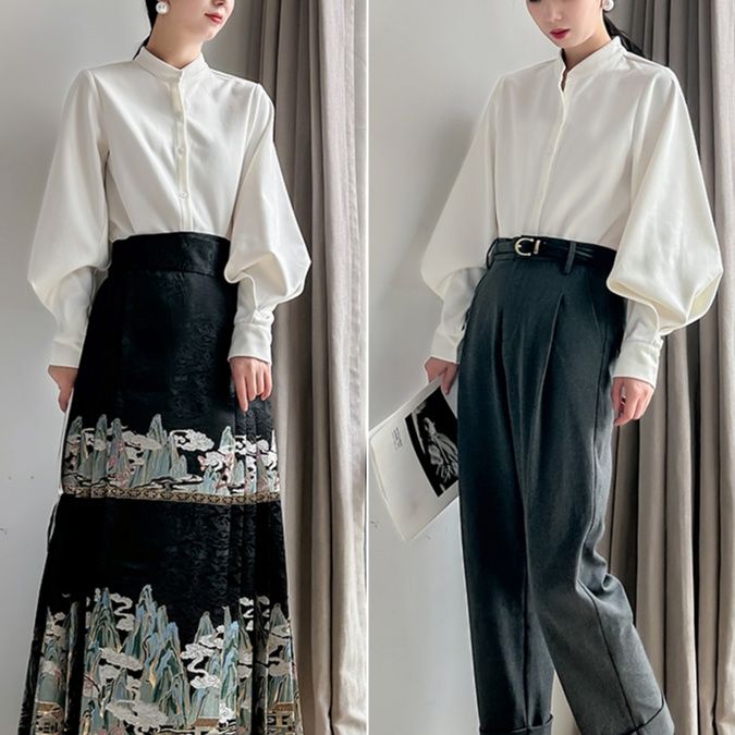 白コーデ 白コーデ 優雅な立ち襟ふんわり袖シャツ