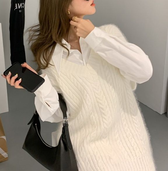 白コーデ ケーブル編みベストとシャツの重ね着風セット